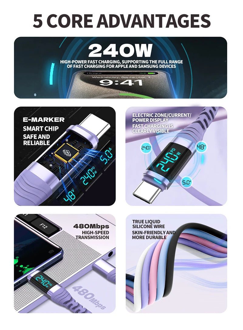 PD3.1 USB C Cable,240W LED Display Type C Fast Charging Cable with Data Transfer,for iPhone 17/16,Samsung Galaxy A17/S25,Huawei