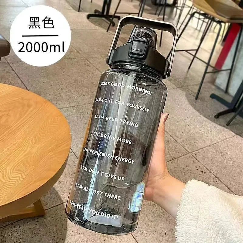 2L Large Capacity Sports Water Bottle with Straw & Time Marker