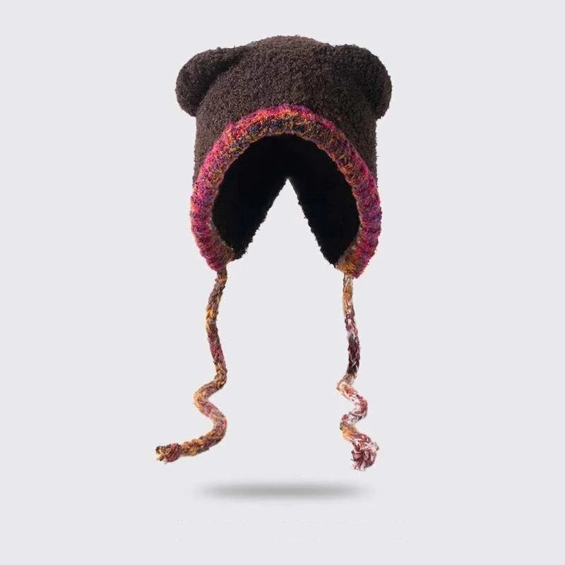 Women's Cute Bear Plush Knitted Hat | Cozy Winter Beanie