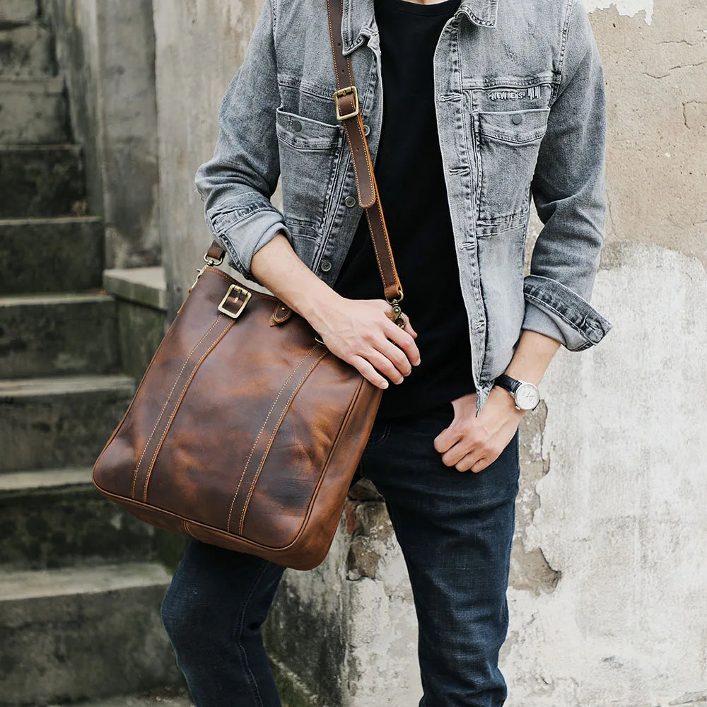 Vintage Genuine Leather Tote Bag | Handmade Unisex Briefcase