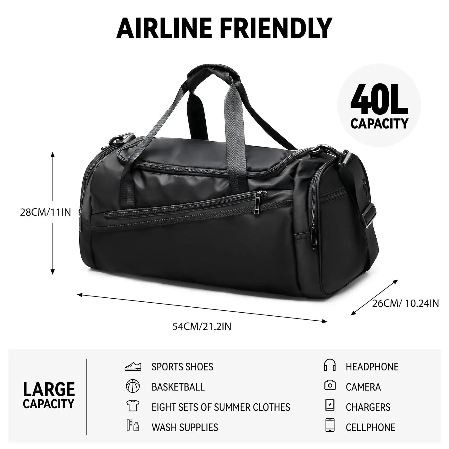 40L Lightweight Gym Duffel Bag with Shoes Compartment for Travel
