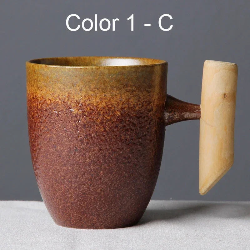 Vintage Ceramic Tea Cup Set with Wooden Handle | Elegant Drinkware