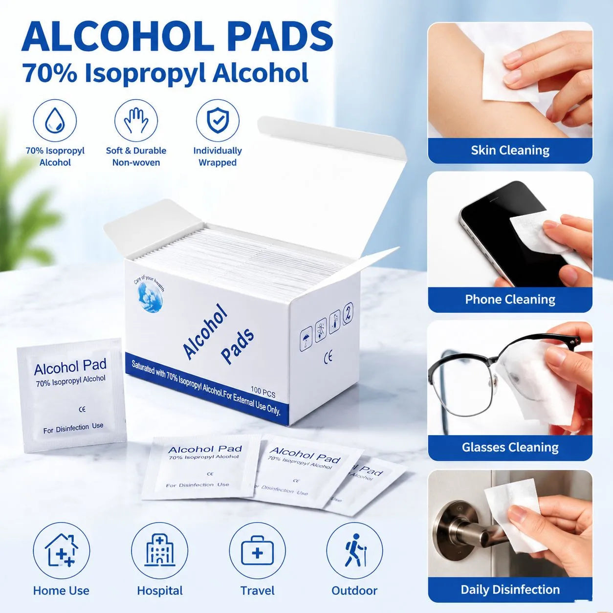100pcs Portable Alcohol Prep Pads Disinfectant Swabs Wipes Cleaner 70% Alcohol Content Suitable for Mobile Phone Cleaning