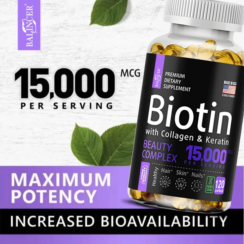 Biotin Capsules with Collagen & Keratin for Shiny Hair, Skin, Nails