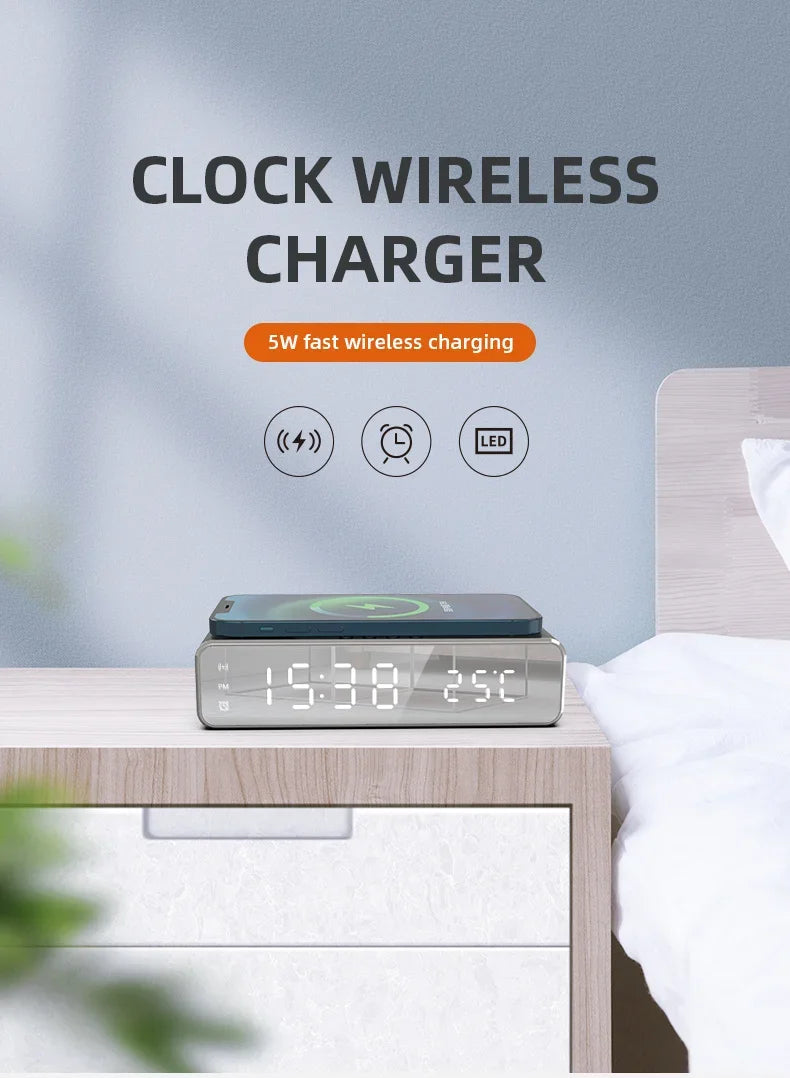 5W Wireless Charger Alarm Clock — Multifunction LED Digital Clock with Thermometer, Time Display & Fast Charging Dock for iPhone, Samsung & Qi-Compatible Phones