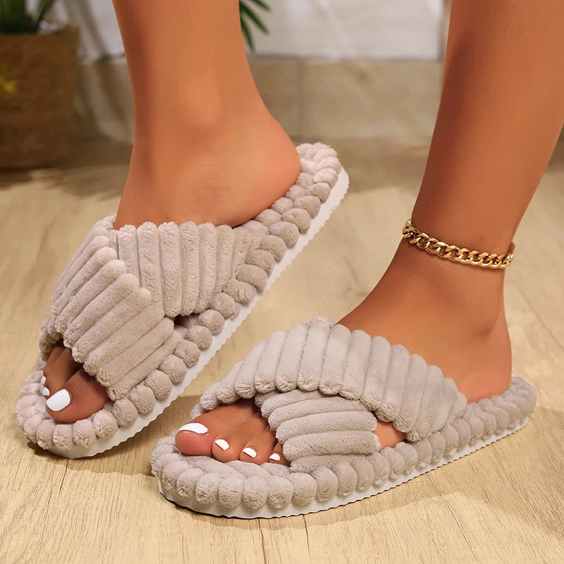 Women's Corduroy Cross Band Plush Slippers | Warm Cozy House Shoes