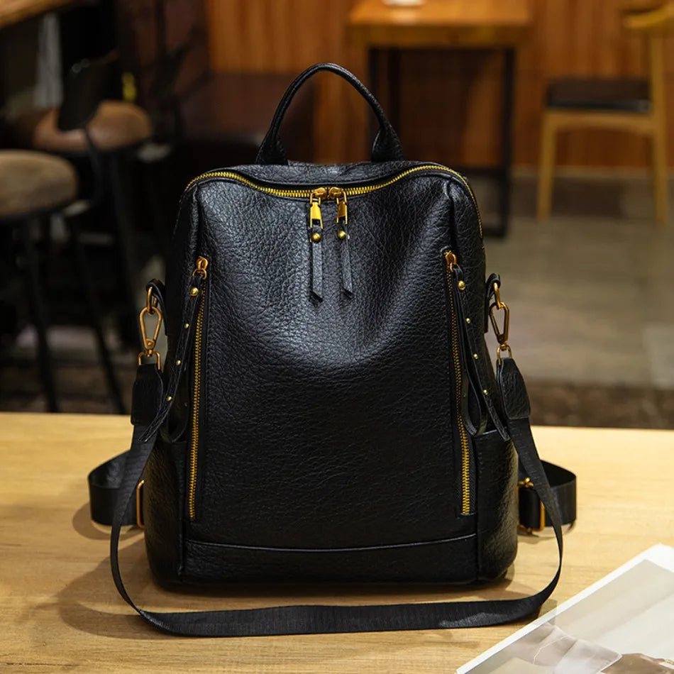 Vintage Leather Backpack | Large Capacity Travel Rucksack for Women