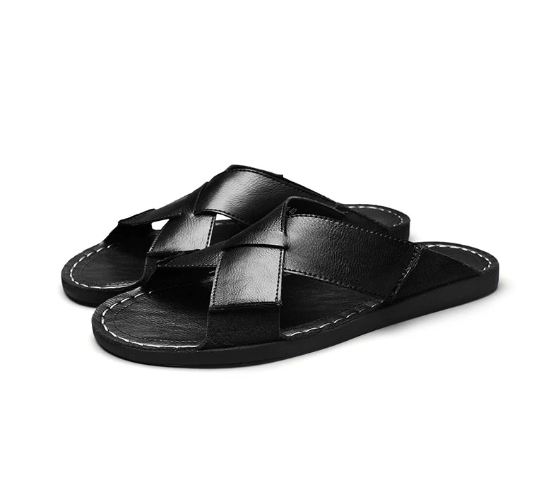 Plus Size Men Leather Slippers Homes In Indoor Slippers Summer Open Toe Sandals Comfy Antiskid Soft Bottom Casual Walking Shoes