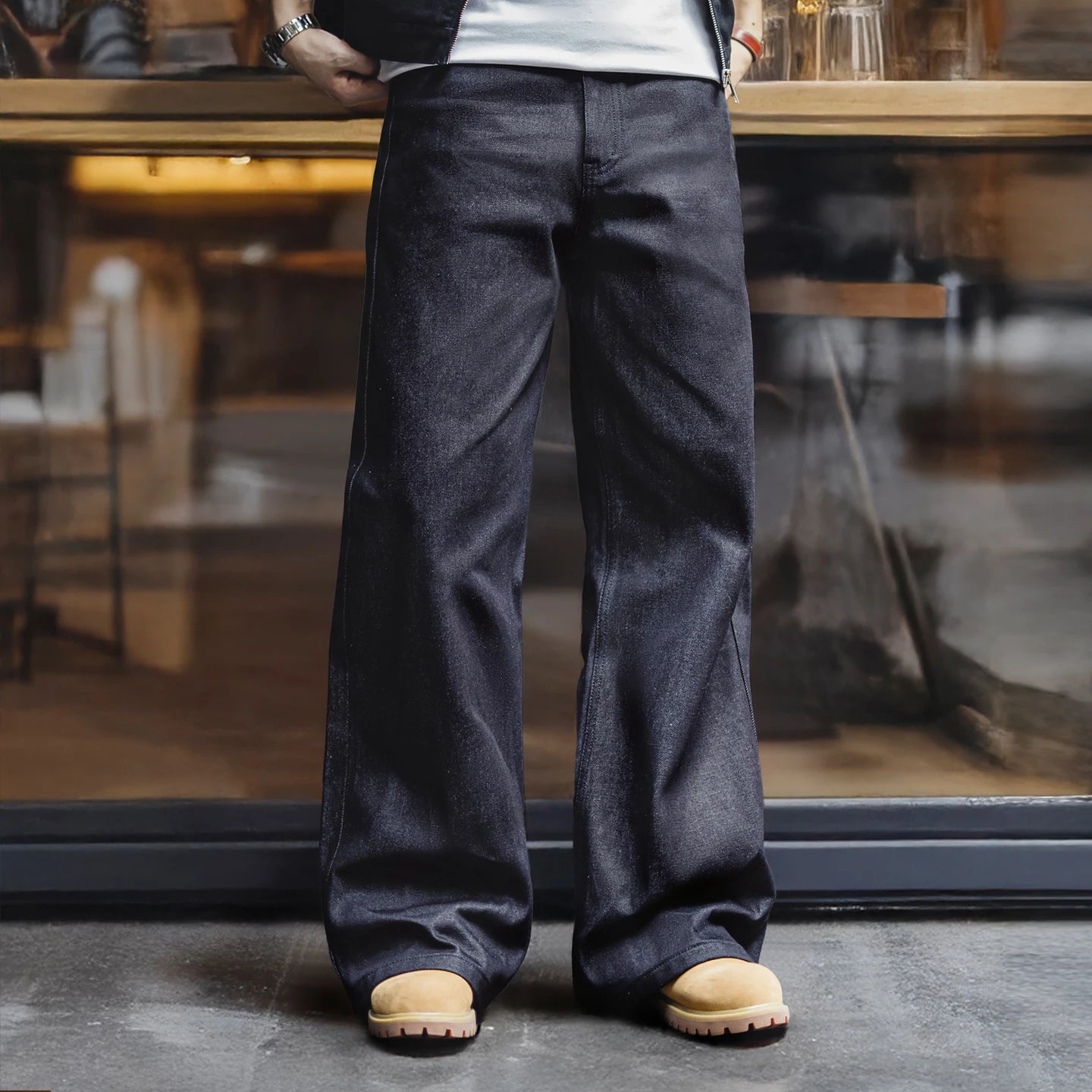Vintage Loose Fit Raw Denim Wide-Leg Jeans for Men