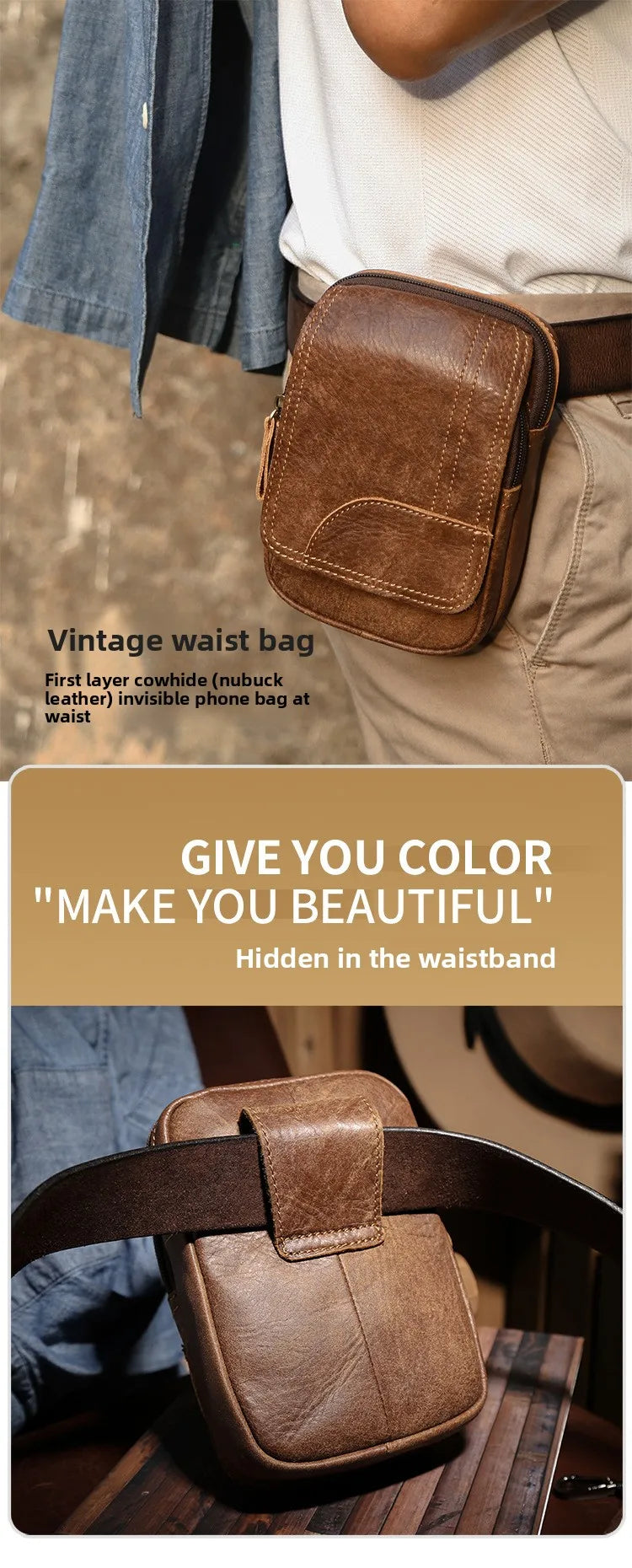 Men's Vintage Leather Waist Bag | Stylish Outdoor Sports Pack