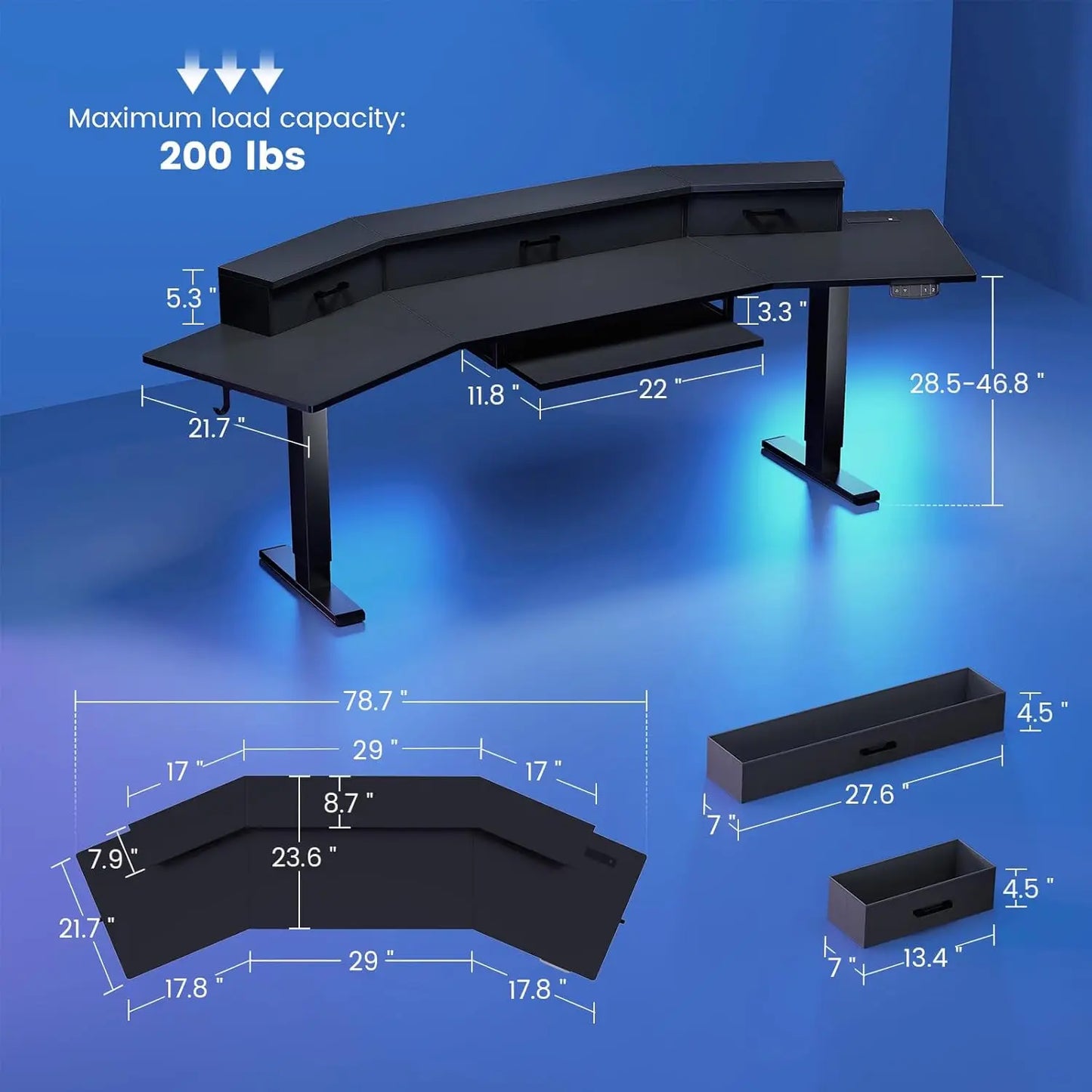 79'' Electric Standing Gaming Desk with LED Lights & Drawers