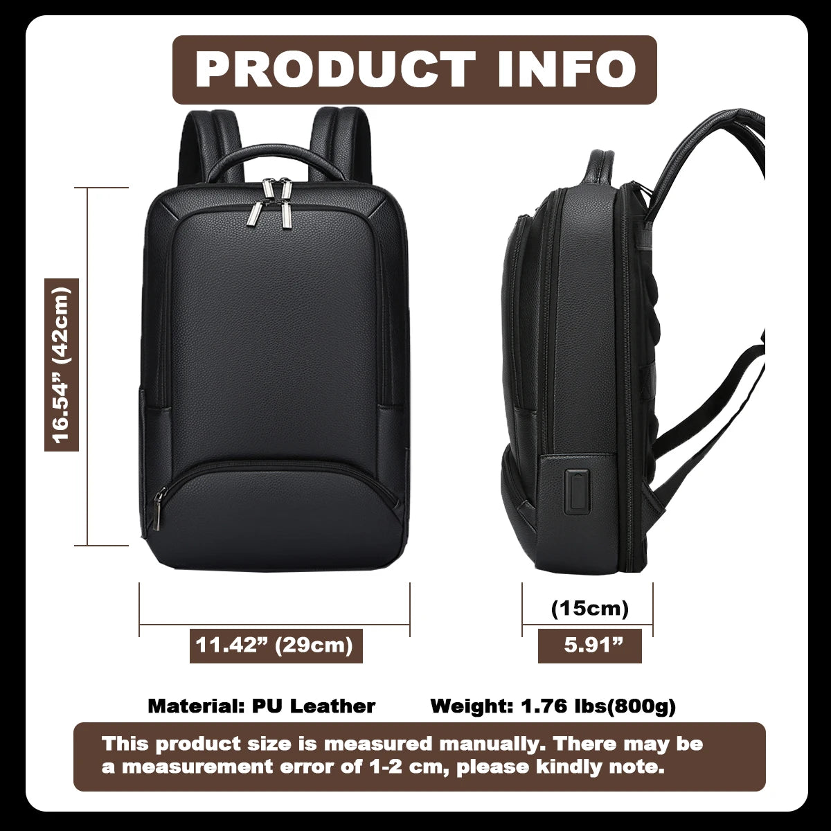 Mochila de piel sintética para hombre | Elegante bolsa para portátil de 15,6 pulgadas