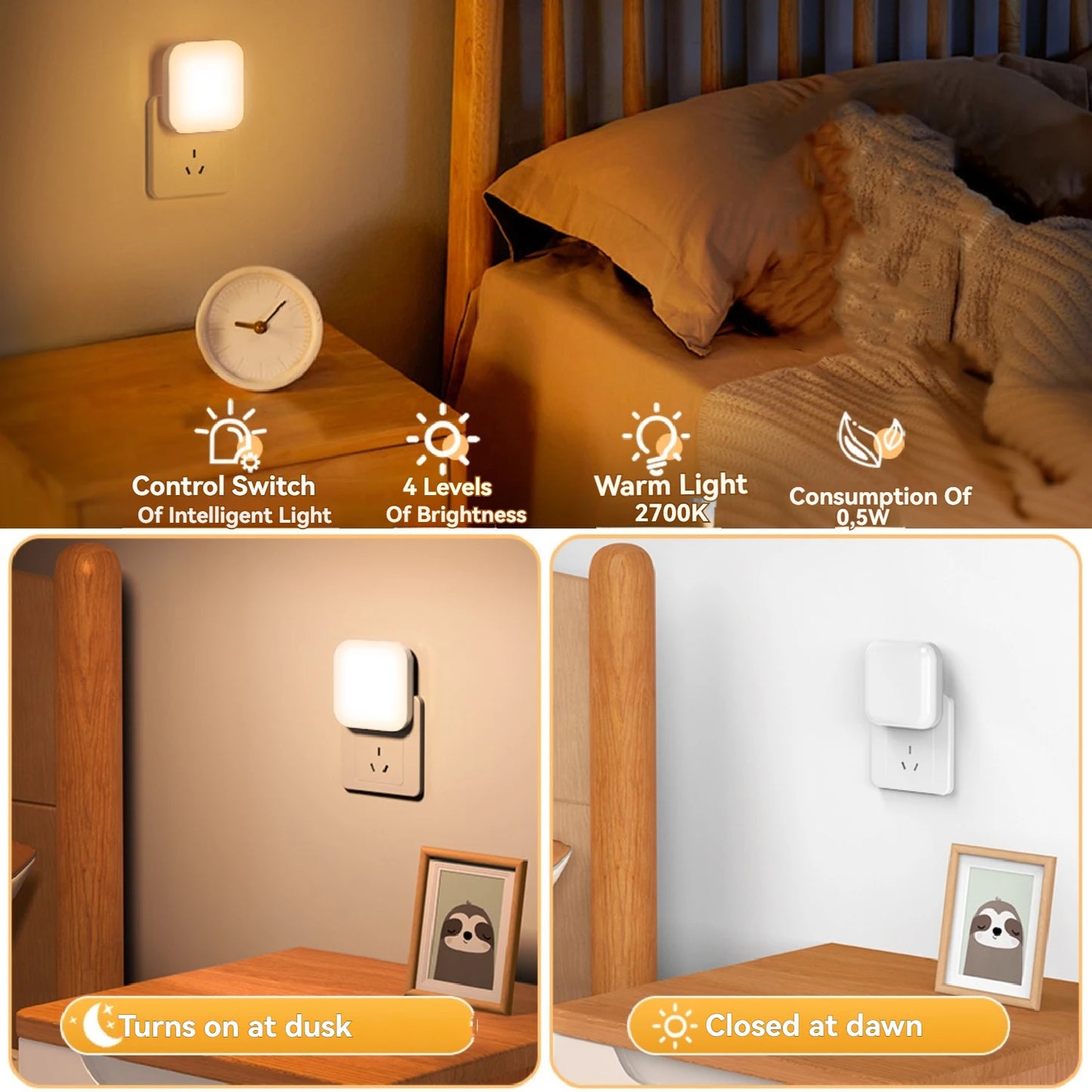 Luz nocturna regulable con sensor automático | Eficiente energéticamente y delgada