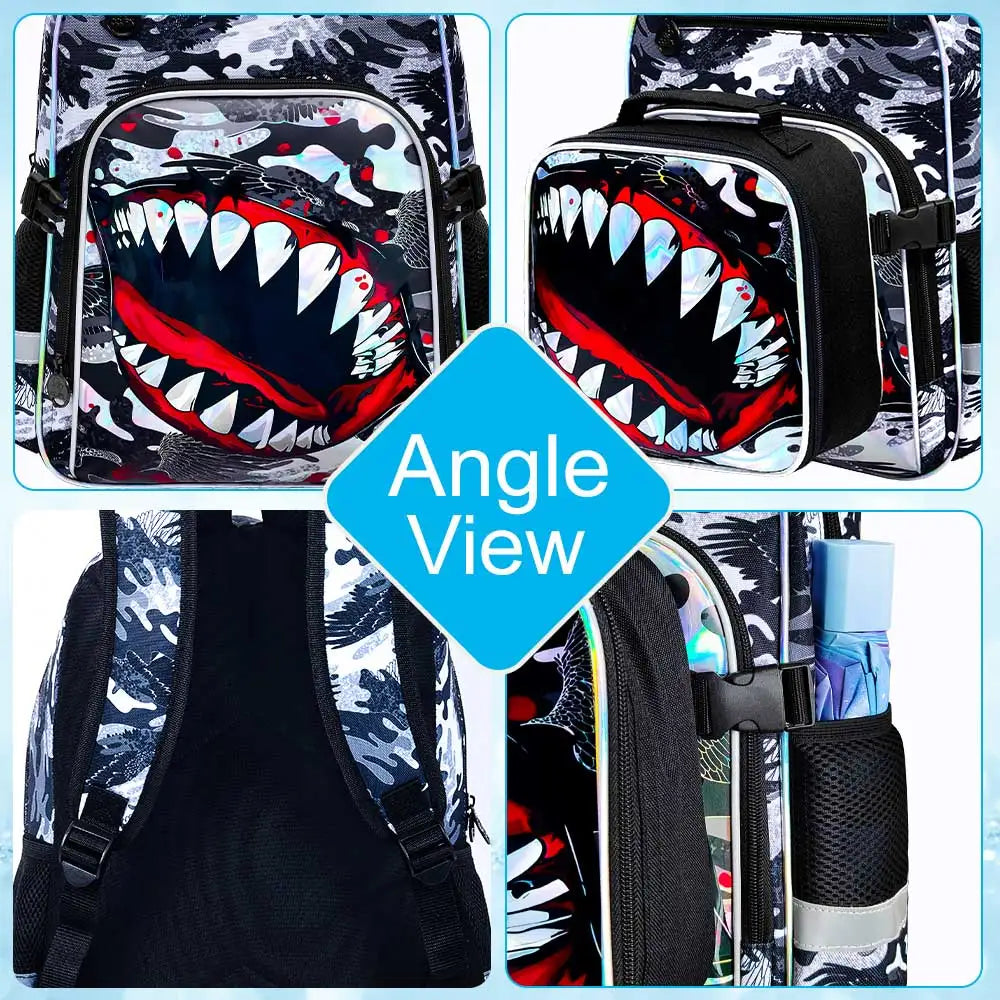 16" Shark Backpack Set for Boys | Cool School Bookbag & Lunch Box