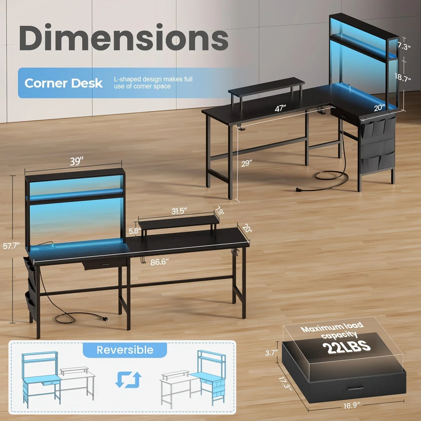 Versatile L Shaped Reversible Computer Desk with LED Lights