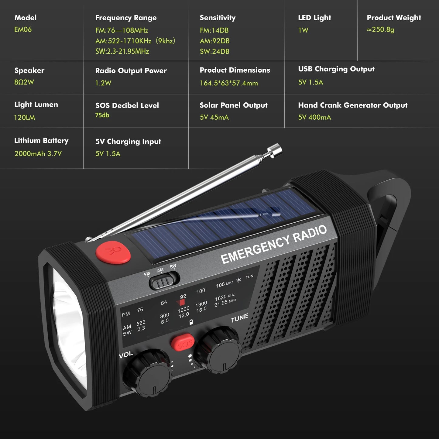 Emergency Radio with SOS Alarm & Flashlight for Survival