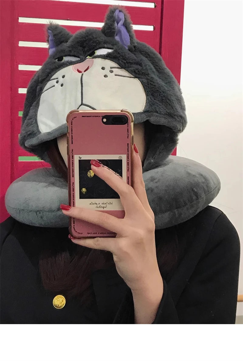 Kawaii Cat U-Shaped Neck Pillow | Cozy Hooded Travel Companion