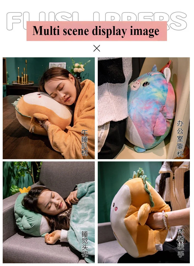2-in-1 Plush Pillow Flange Plush Blanket Cartoon Warm Hand Doll Office Nap Leg Cover Soft Comfortable Storage Design Cushion