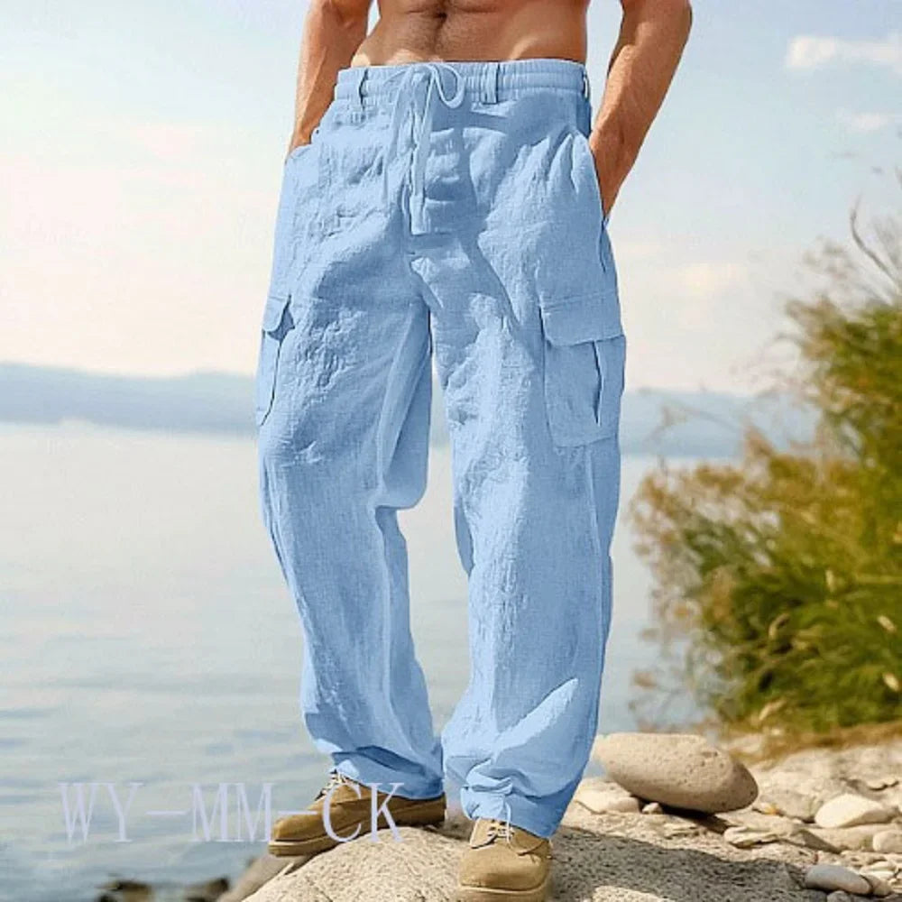 Men's Cotton Linen Multi-Pocket Trousers | Stylish & Functional Fit