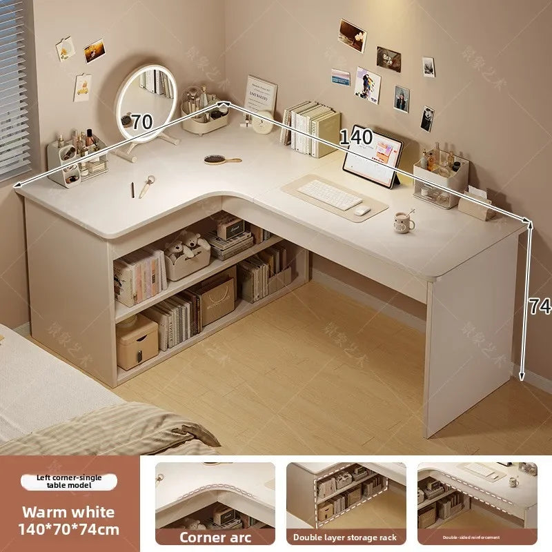 Integrated Corner Workbench & Bookshelf | Modern White Computer Desk