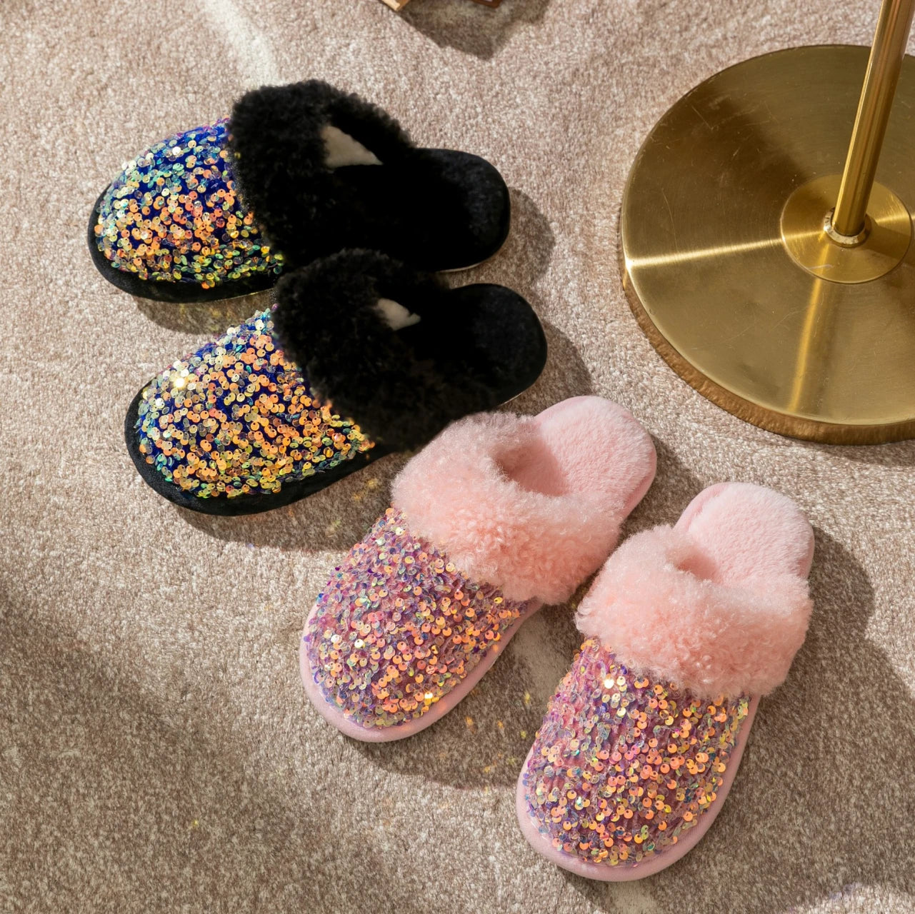 Kawaii Sequin Giraffe Plush Slippers | Cute Winter House Shoes