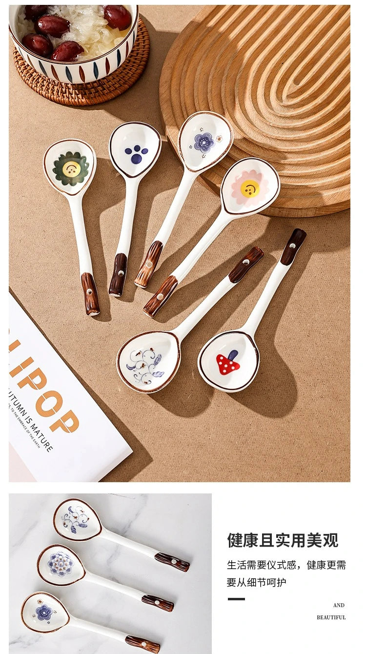 Cuchara de cerámica linda para sopa | Accesorio de cocina estilo japonés Kawaii