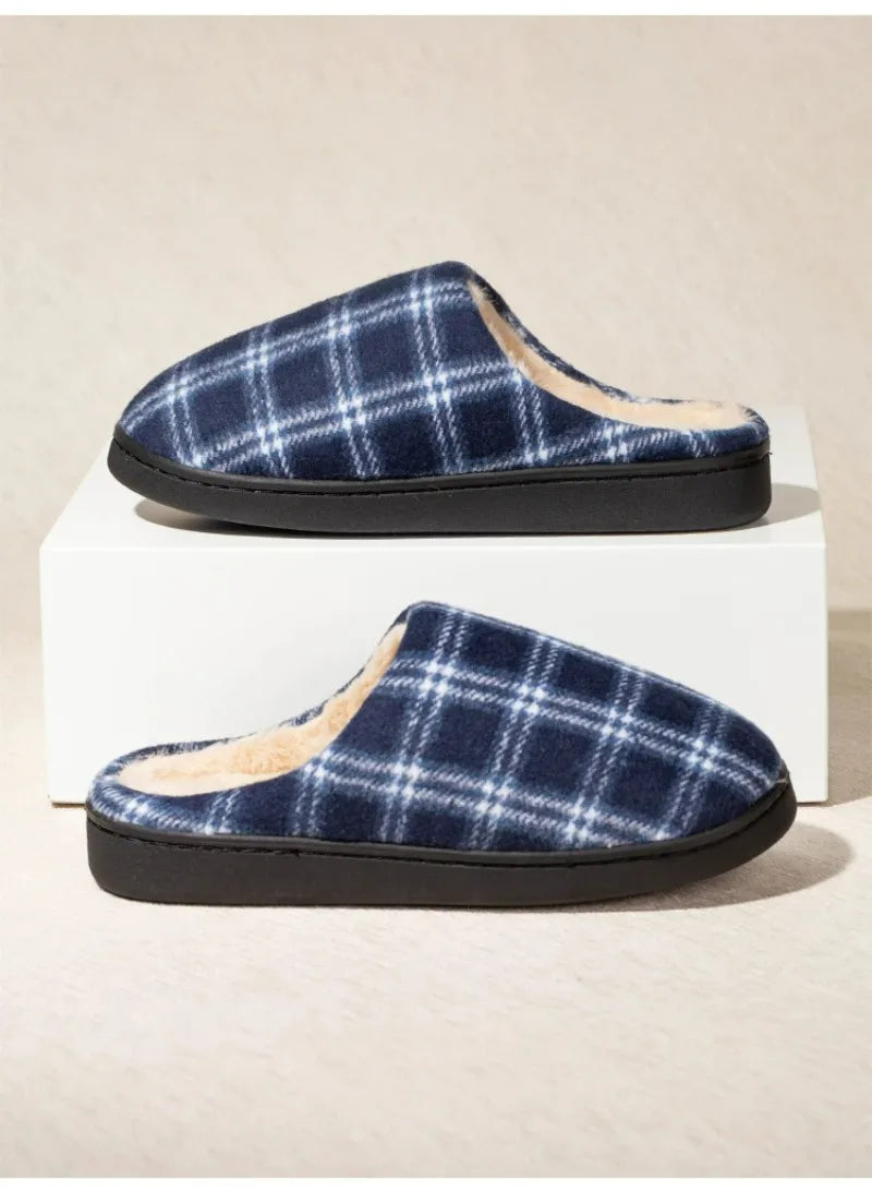 Men's Striped Plaid Fleece Slippers | Warm Cozy House Shoes
