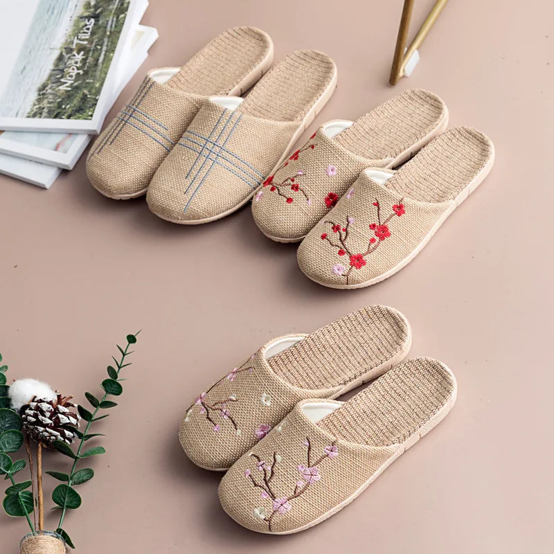 Cozy Indoor Embroidered Linen Slippers for Couples