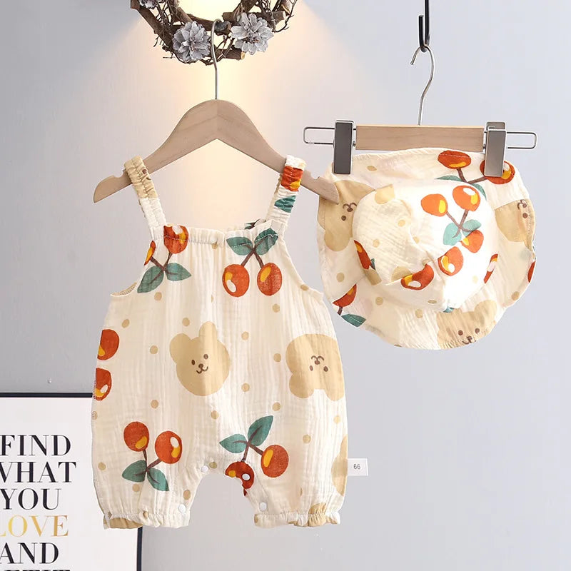 Summer Baby Girls Romper with Hat | Adorable Cherry Bear Design