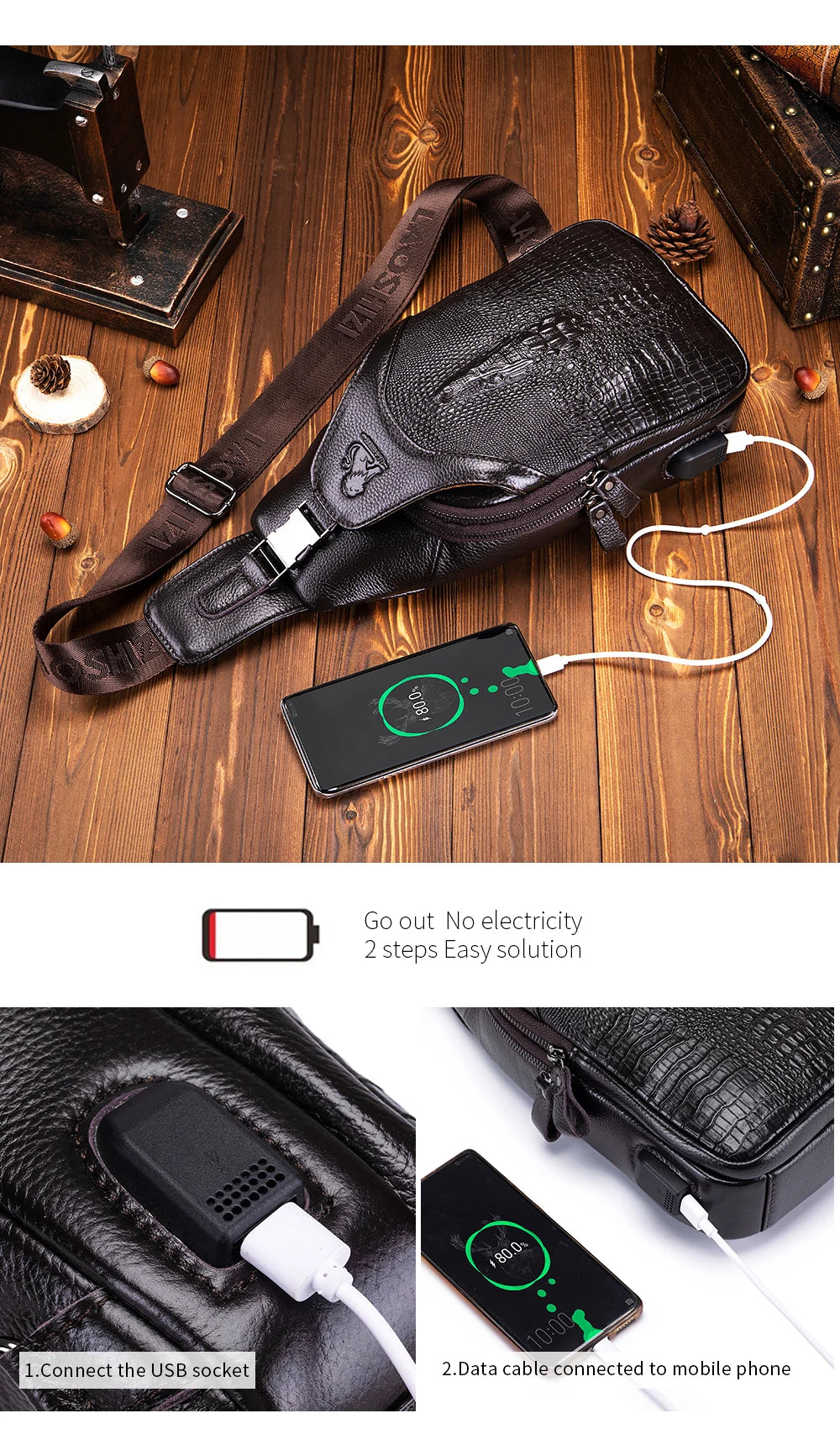 Men's Leather Crossbody Chest Bag | Multifunctional USB Bag