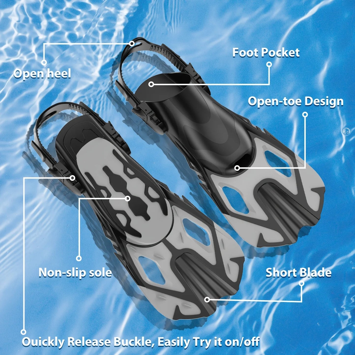 Swim Flippers Snorkel Fins Short Diving Frog Shoes Duck Webs Adjustable Silicone Travel Size Open Heel For Adult Men Women Youth