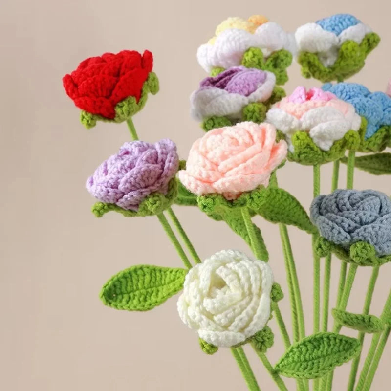 6pcs Multi-Color Crochet Rose Bouquet | Handmade Floral Decor