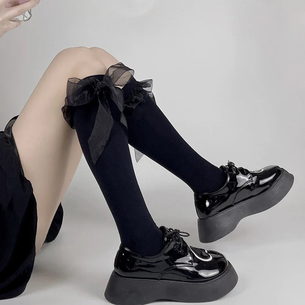 Kawaii Cute Black Stockings with Bowknot & Ruffles for Women