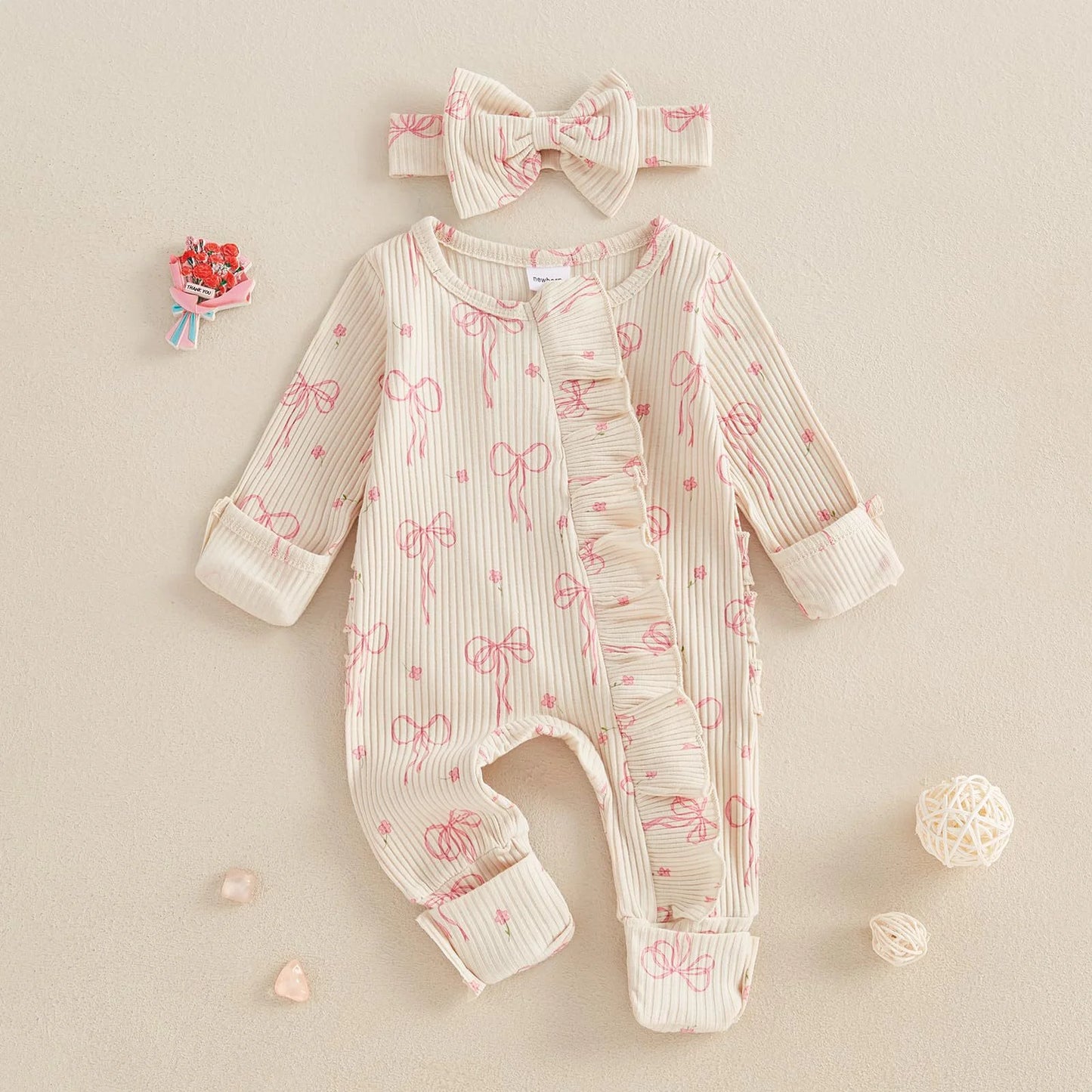 Charming Butterfly Knot Print Long Sleeve Baby Romper & Headband