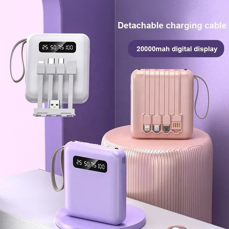 High-Capacity Mini Power Bank with LED Display & Built-in Cable
