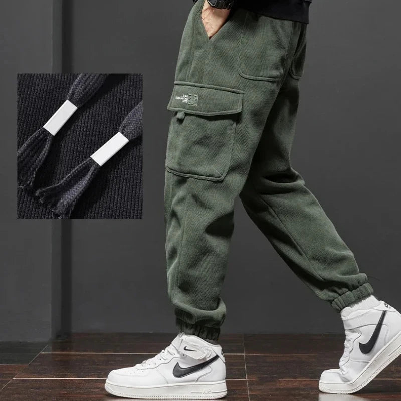 2024 Winter Fleece Corduroy Cargo Harem Pants Men Soft Thickened Warm Elastic Loose Street Jogging Sports Trousers
