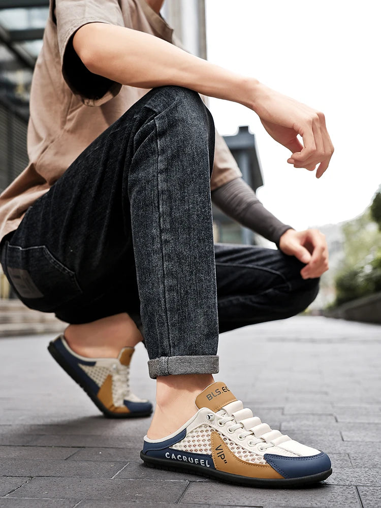 Summer Breathable Mesh Slip-On Half-Slipper for Men, Casual Soft-Soled Closed-Toe Slippers, Mesh Upper Is Refreshing and Breathable, Does Not Suffocate the Feet, Lace-Free Design Is Convenient for Lazy People