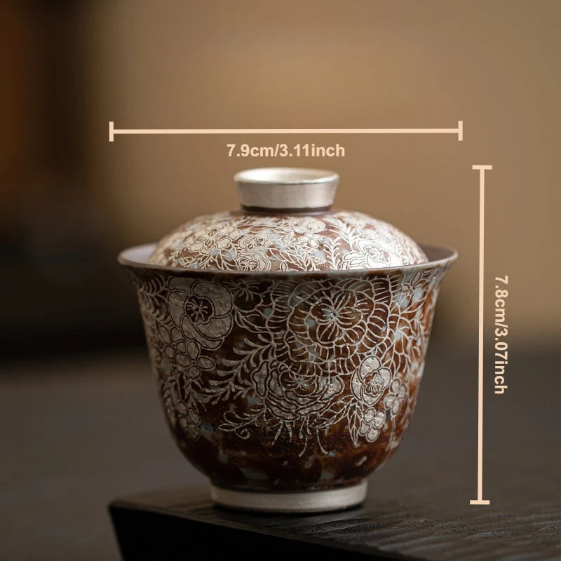 Juego de té Gaiwan de plata dorada elegante | Exquisita vajilla de cerámica