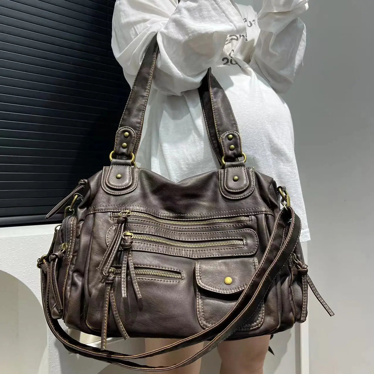 Vintage Washed Leather Crossbody Bag | Large Capacity Multi Pocket