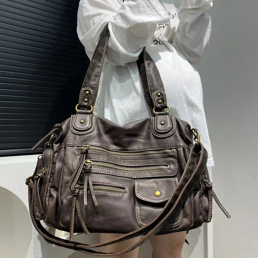 Bandolera de cuero lavado vintage | Gran capacidad multi-bolsillo
