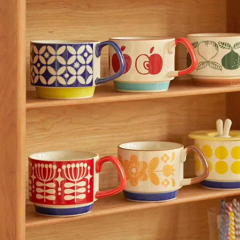 300ml Japanese Flower Ceramic Mug Set | Retro Drinkware for All Occasions