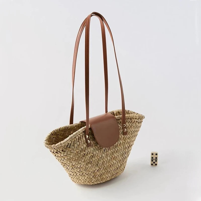 Large Capacity Rattan Woven Shoulder Bag for Beach & Vacation