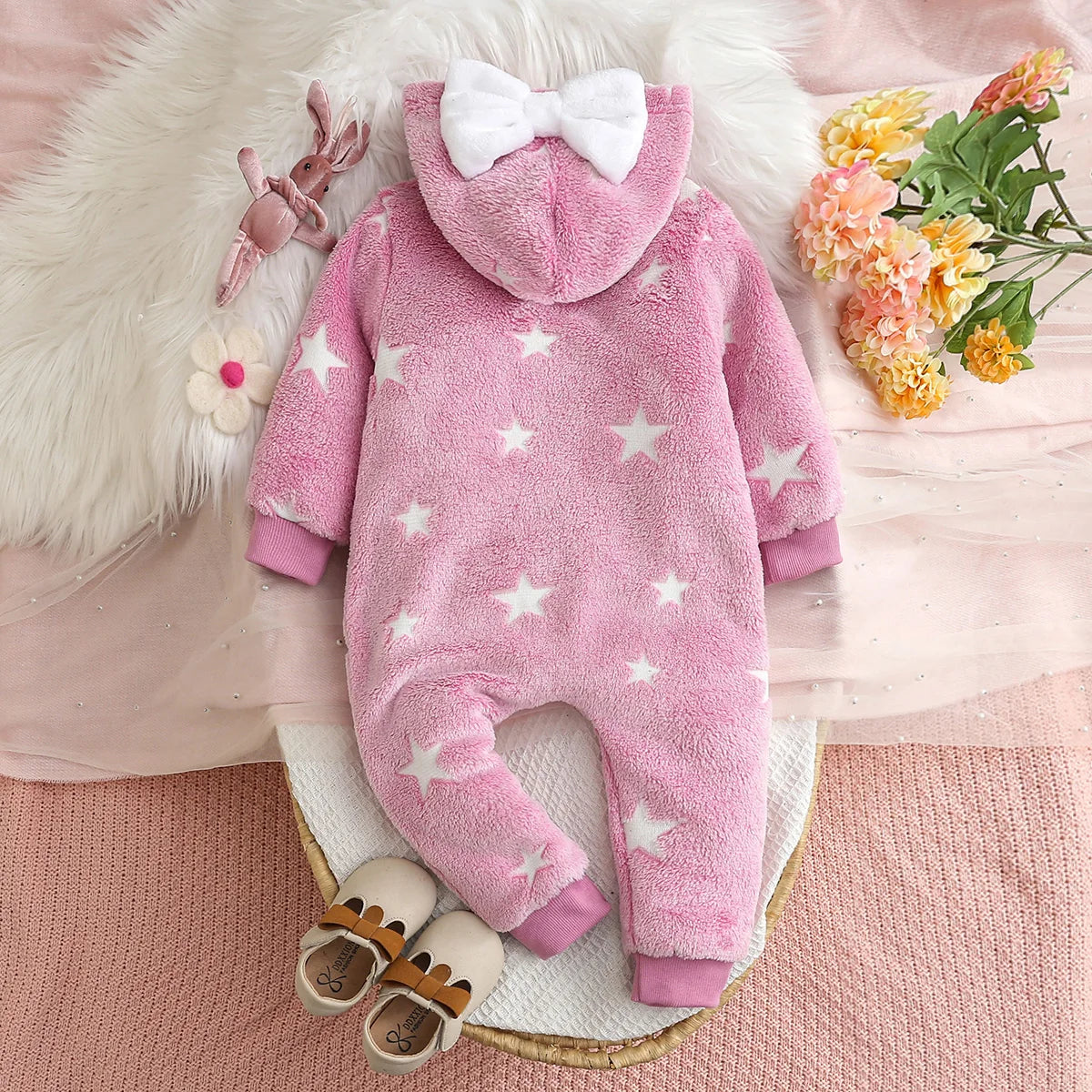 Girls Winter Plush Zipper Hooded Romper Suit | Soft and Cozy Baby Clothes