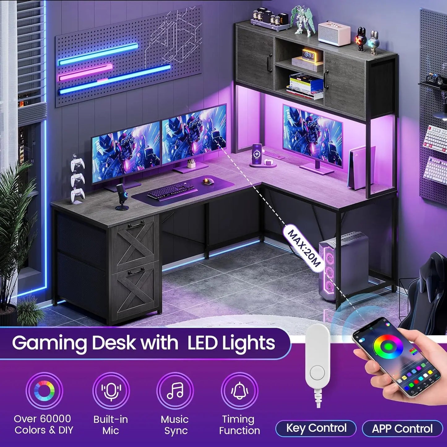 L-Shaped Gaming Desk with LED Lights & Storage Solutions