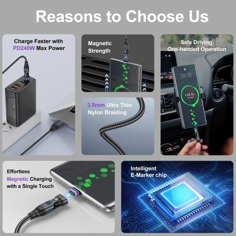 240W Magnetic USB Type C Cable | Fast Charging & Data Transfer