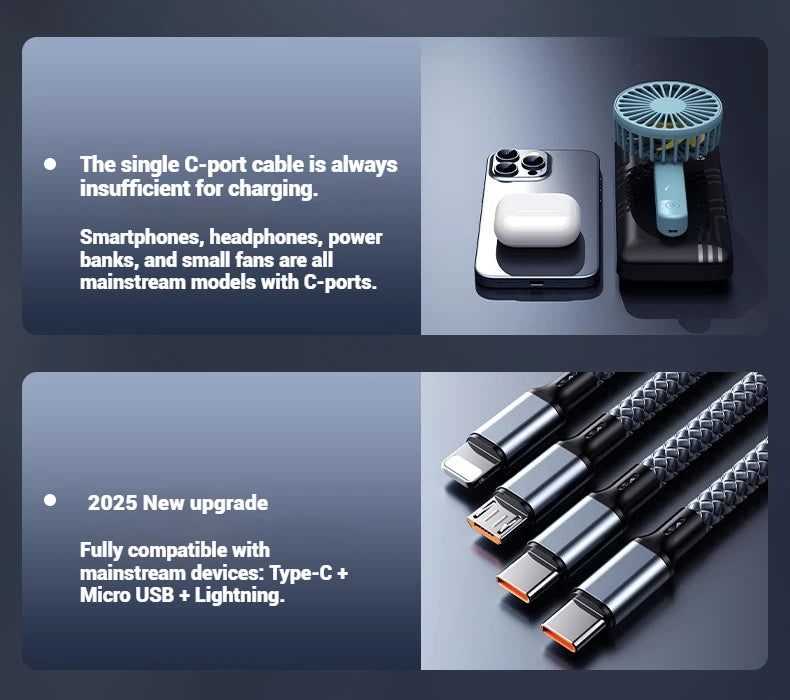 4-in-1 Multifunctional Charging Cable Supports USB-A to USB-C, Micro USB, and Braided Cables for Charging Multiple Devices