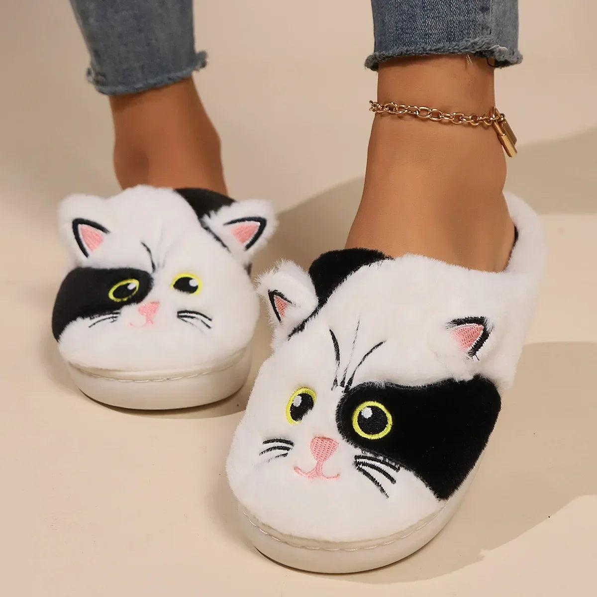 Kawaii Cat Plush Slippers for Women | Cozy Winter Home Shoes