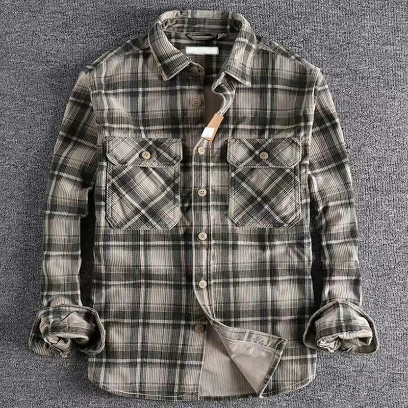 Men's Vintage Plaid Long Sleeve Shirt | Comfortable Corduroy Fashion