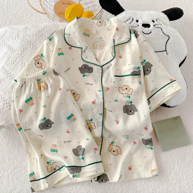 Casual Summer Women's Pajamas Set | Cute Cat & Dog Print Sleepwear