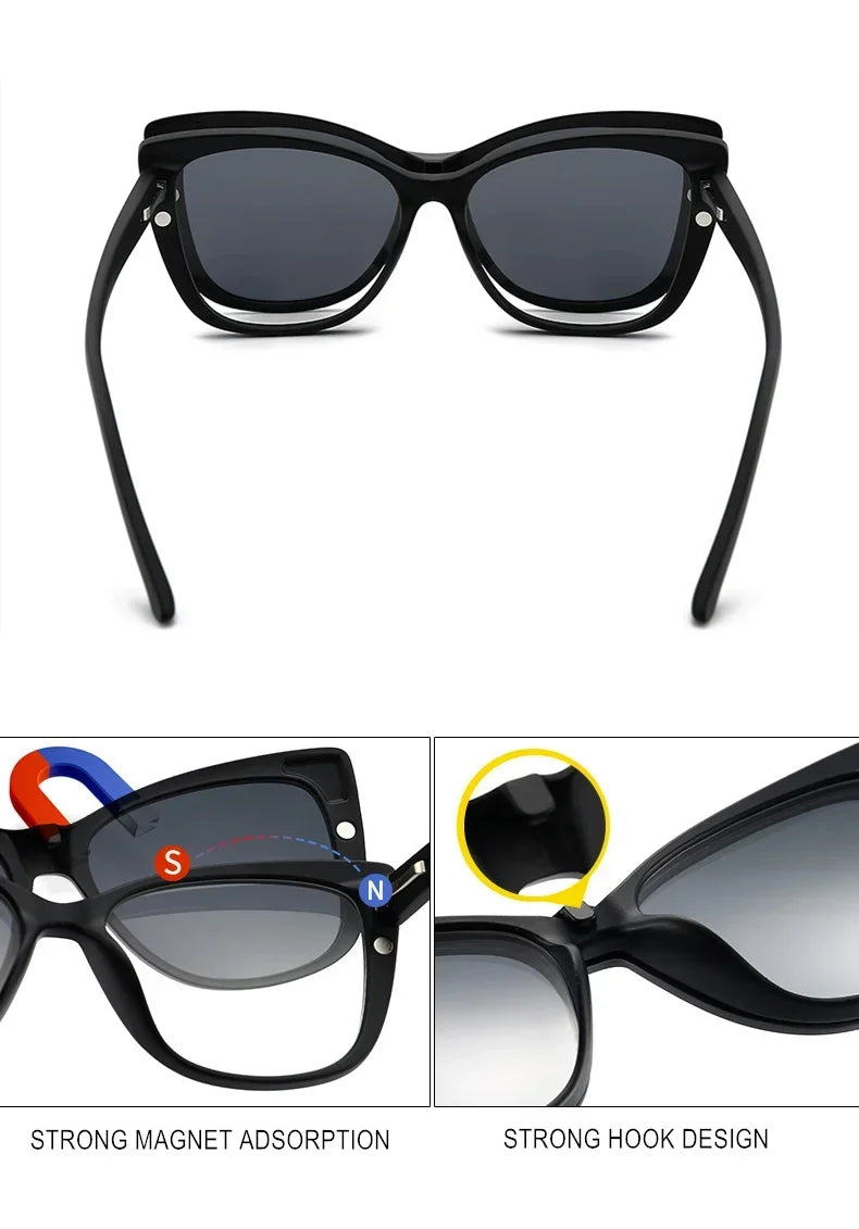 Stylish Cat Eye Prescription Glasses with Clip-On Sunglasses